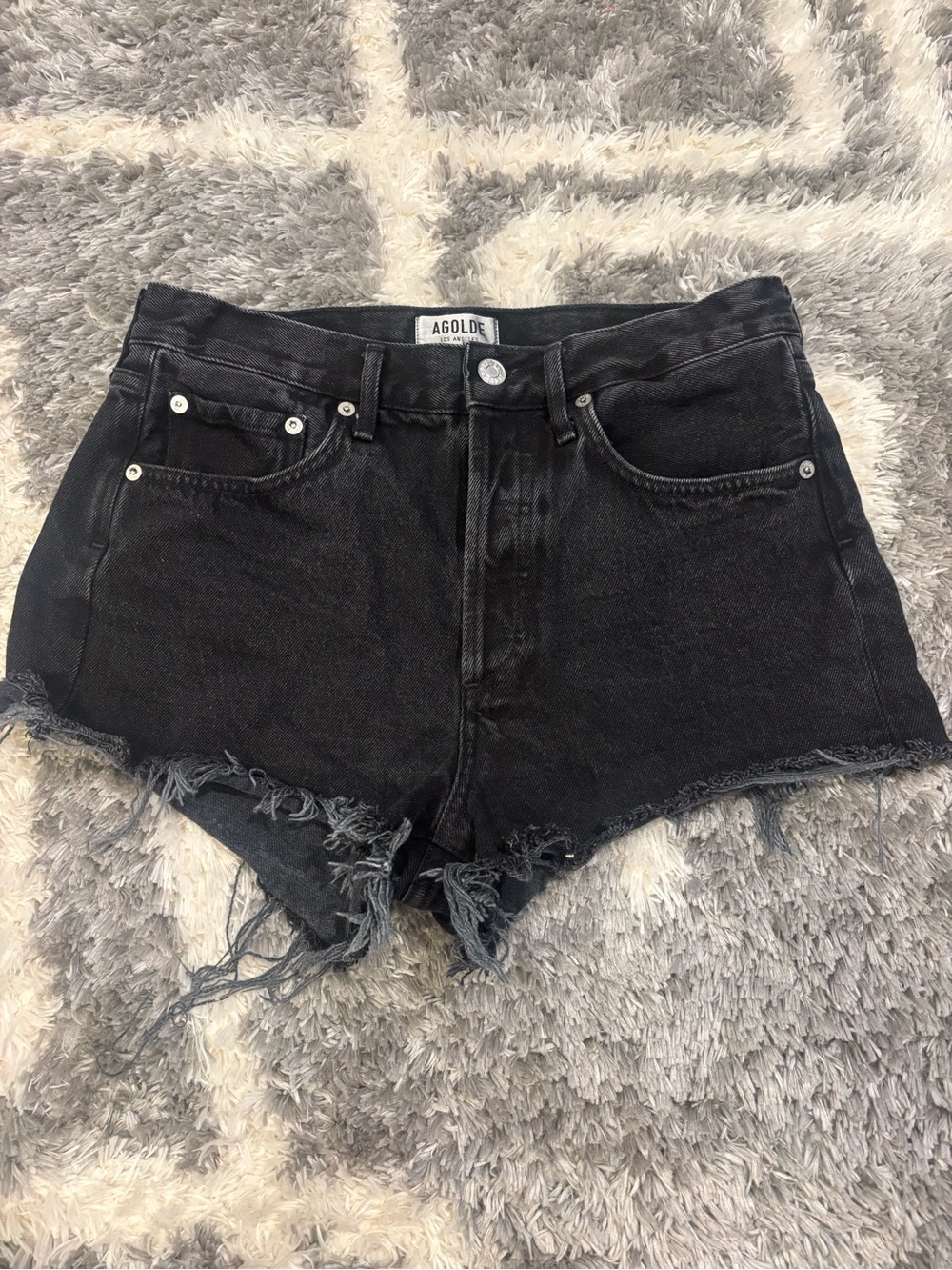 AGOLDE Black High-Rise Frayed Denim Shorts size 26